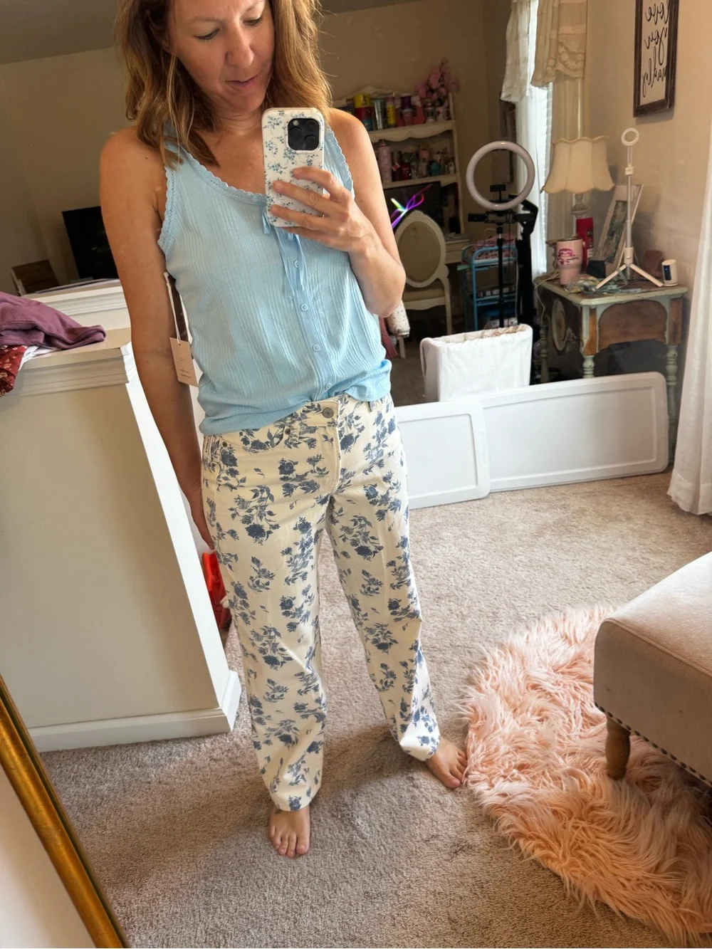 Old Navy Blue Floral curvy Heighway waisted loose jeans